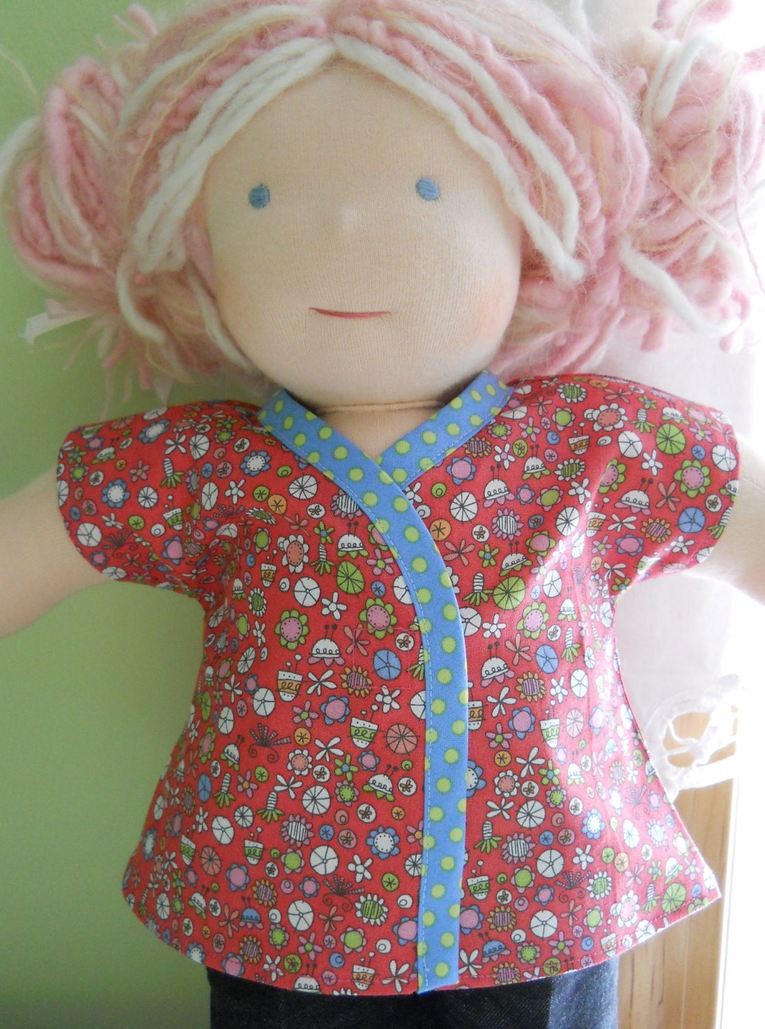 Kimono Top - Fun Coral Pink Print - Waldorf Doll Clothes - 15 Inch Bambo Size G