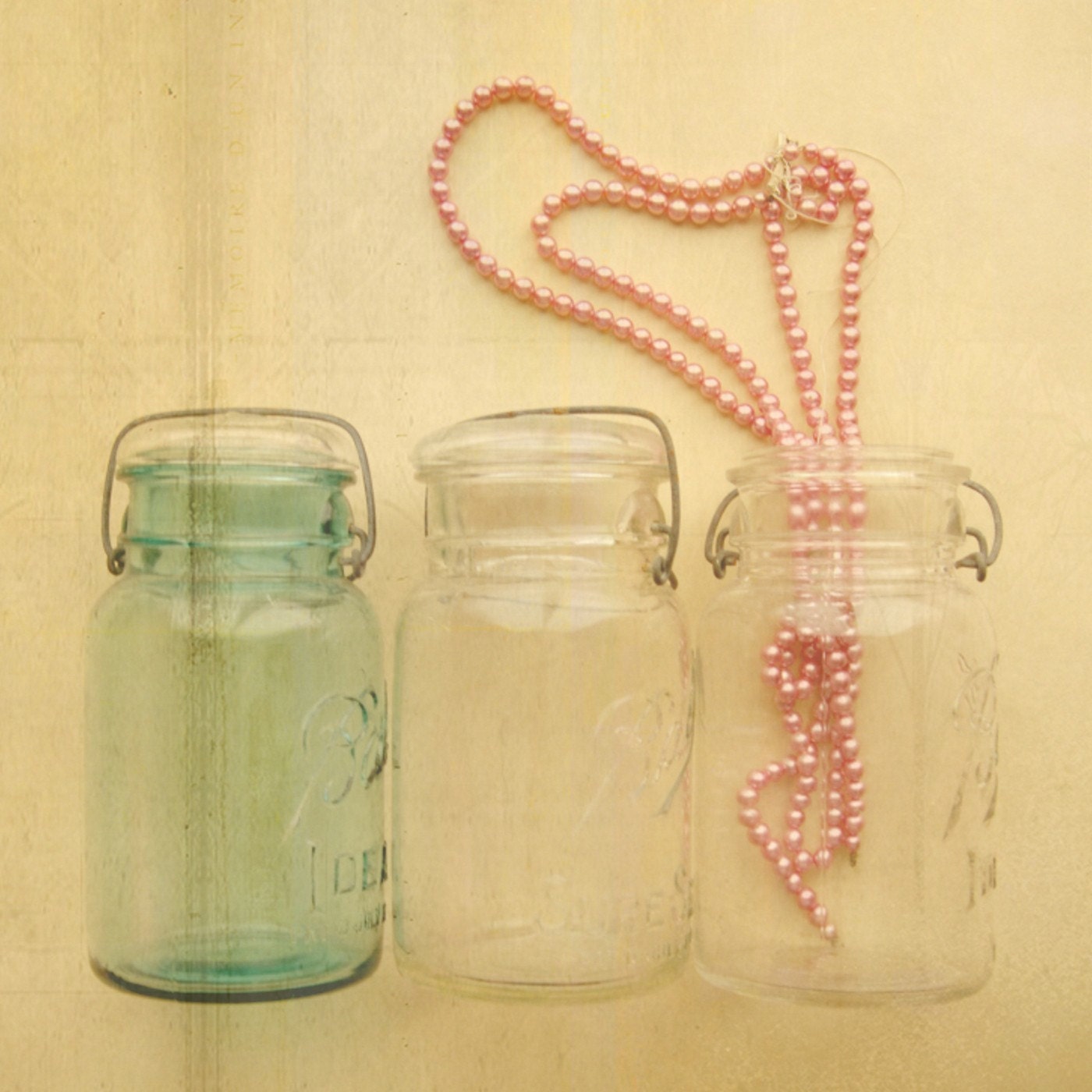 Contain Yourself 5x5 Fine Art Print--Vintage Ball Jar Collection with Pink Beaded Necklace Photograph