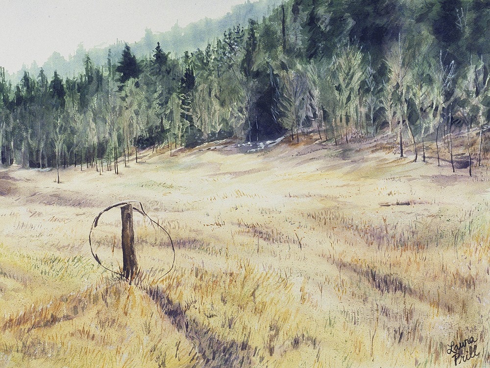 Colorado Watercolor Reproduction-Woods and Field With Wire Circle-5x7