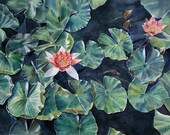 Lily Watercolor Reproduction-Pink Flower In Green Leaves-Realistic Landscape