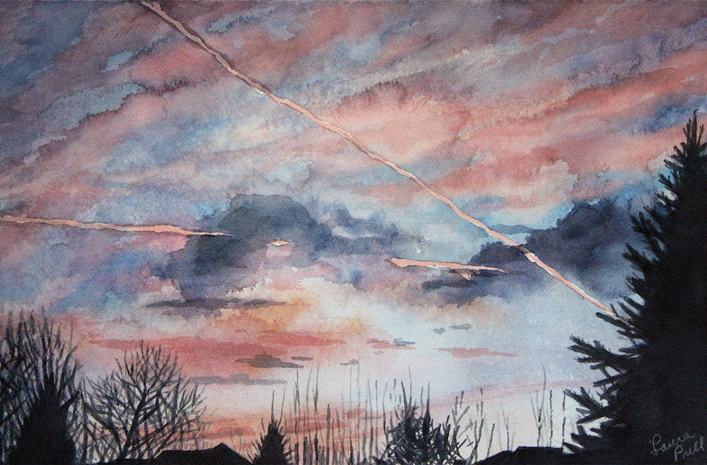 Sunrise  Watercolor Painting-Pink Purple Clouds Over Rooftops -Realistic Landscape- 8.5x11 - lauraprill