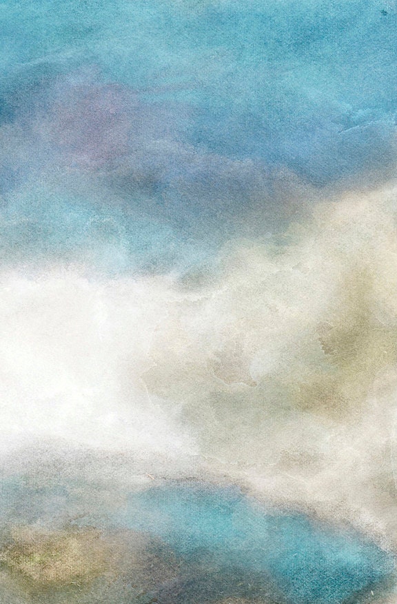 Turquoise Clouds Reproduction Print- Blue White Stormy Sky Over Mountains- Watercolor Landscape- 8x10