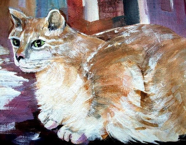Original 11 x 14 Acrylic Painting of Cat in Sunlight. Blue and tan/Resting Kitty.