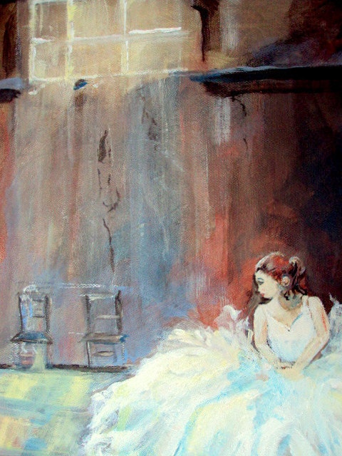 Ballerina at Rest , Art Original Acrylic Painting,in Old Studio Room, window, white dress, woman   I take CREDIT CARDS