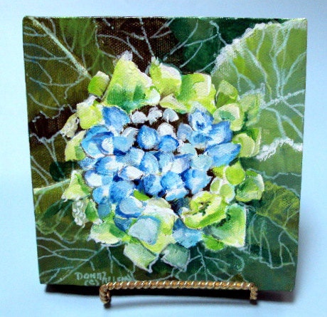 Art Original Painting Hydrangia and Leaves 6x6 with Easel Blue Green Floral