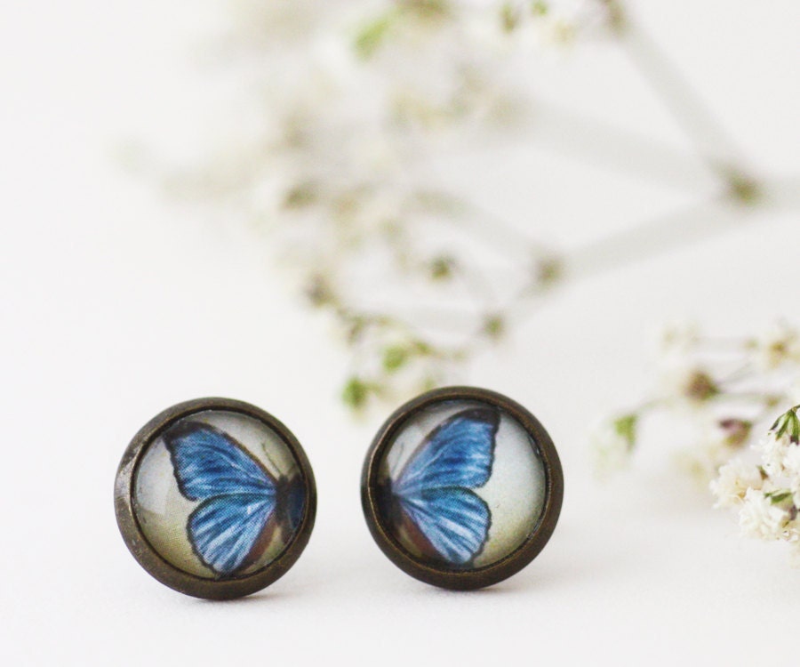 Morpho Butterfly - Nickel Free Antique Brass Stud Earrings