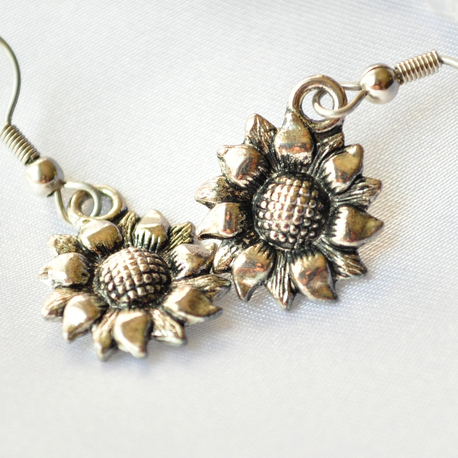 Sunflower earrings in antiqued silver