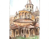 Church Architecture Art, Sainte-Foy, Conques, Original Ink and Water color.