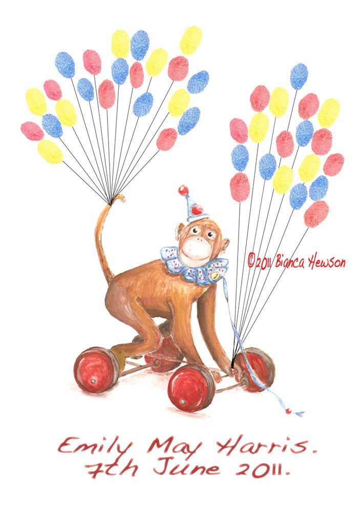 X small Hand Painted Fingerprint Guest book, Monkey with balloons 3 colours