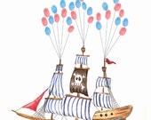 Medium Pirate Party Fingerprint Guest book, Pirate Ship with balloons 2 colors, Custom Order