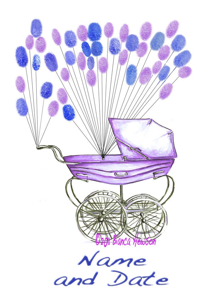X Small Fingerprint Baby Shower Guest book, baby carriage pram with balloons 2 colors, Custom Order