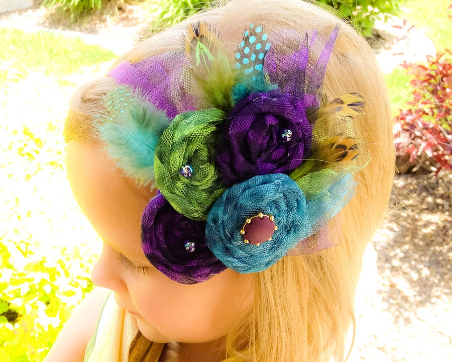 Fabric Rosette Headband, Rolled Tulle Rosettes and feathers in Peacock turquoise, purple, green (formal, photo prop, baby girl, newborn)