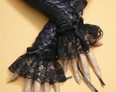 Gothic Corset Gloves with Lace Ruffle, Black Purple Victorian Gauntlets, Laced Up Armwarmers, Fingerless, Halloween Costume, Belly Dance