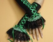 Gothic Fairy Armwarmers in Black and Green, Carnival, Gloves for Her, Aristocrat Burlesque, Poison Ivy,Corset Laced Up, Vampire Costume