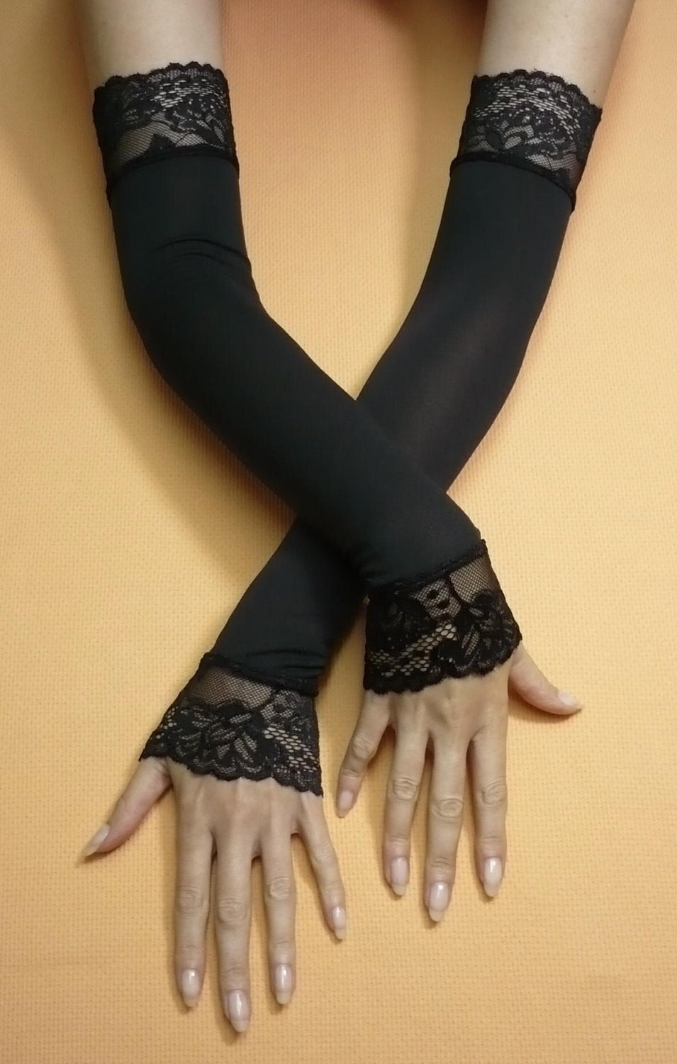 Long Black Elegant Evening Fingerless Gloves with by estylissimo