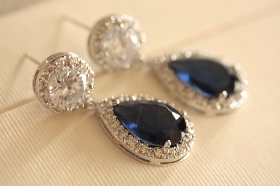 Bridal Wedding earrings with clear and royal blue AAA Cubic Zirconia Crystals, Vintage Inspired - MillieICARO