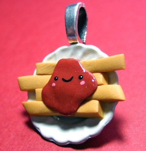 Miniature Food Kawaii French Fries and Ketchup Pendant - Polymer Clay Jewelry - Handmade by The Happy Acorn