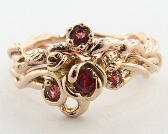 Rose Garden Wedding Set, Orange Sapphire and Rose Gold