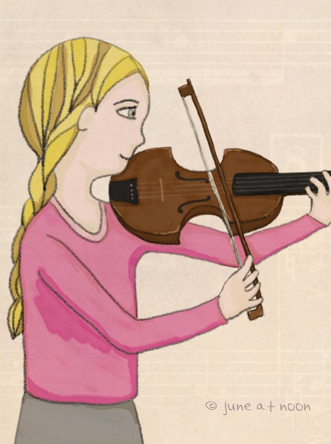 Duet, 5 x 6 illustration print, girl playing violin, children, brother, sister, fiddle