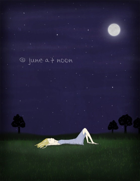 Under the Stars, 8 x 10 illustration print, night sky, moon, stars, evening