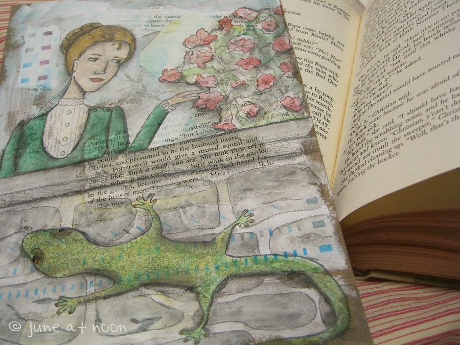 The Lizard Rose, Mixed Medial Original Artwork, 7 x 10, flowers, floral, garden, lizard, woman, girl