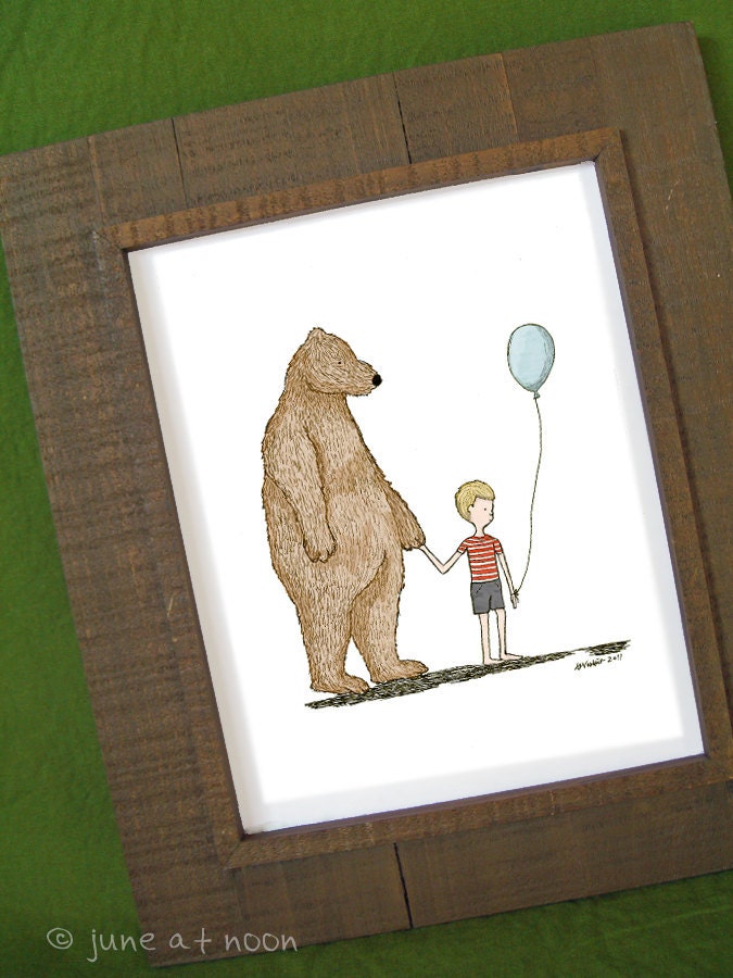 Bear Boy Balloon, color illustration print, 8 x 10, children, nursery decor