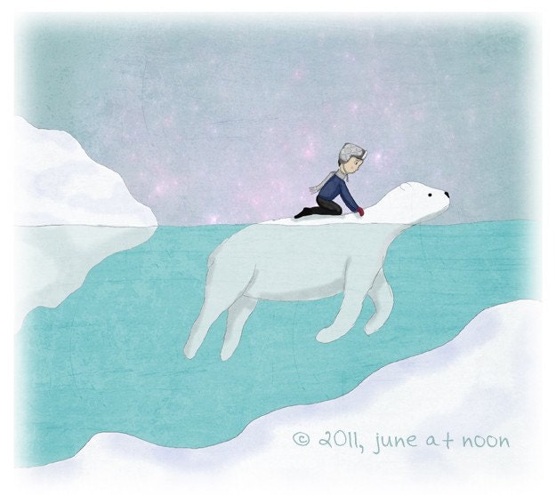 Safe Passage, illustration print, polar bear and boy, ice, snow, iceberg, arctic, adventure