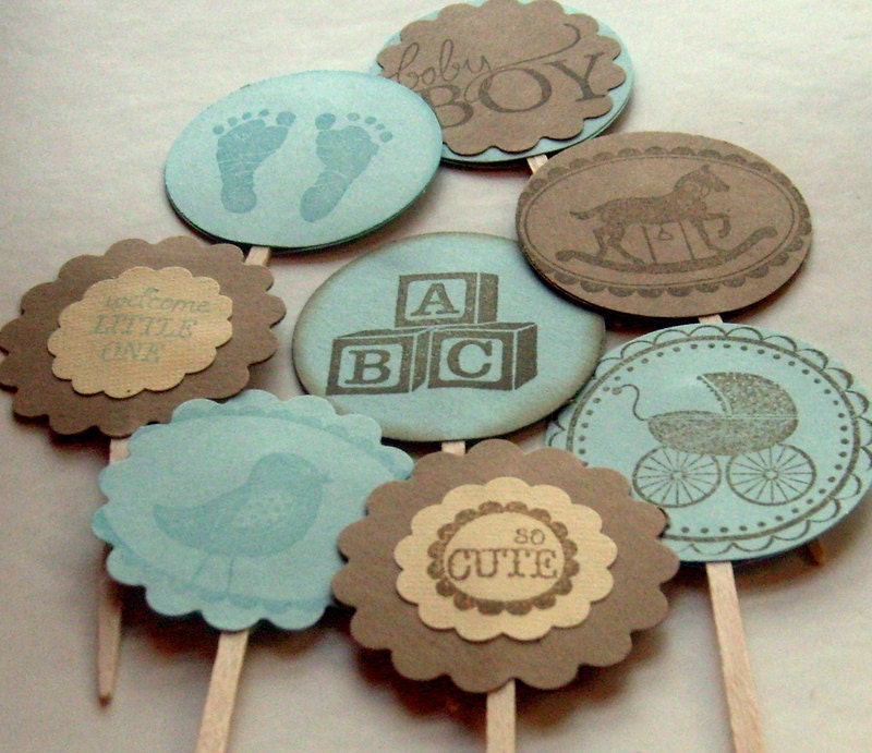 vintage cupcake toppers, baby shower, boy, brown and blue rustic, set of 16