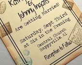 Vintage travel invitation, destination, hand stamped, collage, set of 20