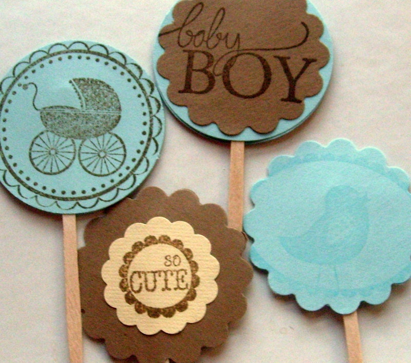 vintage cupcake toppers, baby shower, boy, brown and blue rustic, set of 16