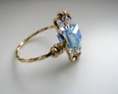 Gold and Light Blue Sapphire Swarovski Crystal Ring - Size 8.25