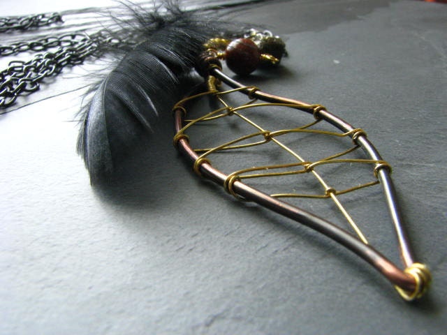 Copper Leaf and Feather Necklace, Pyrite, Goldstone with Long Gunmetal Chain