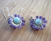 Amethyst and Aventurine Silver Hoop Earrings Wire Wrapped