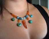 Bohemian Honey Amber, Turquoise and Orange Jade Necklace