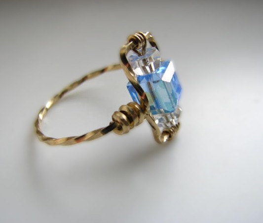 Gold and Light Blue Sapphire Swarovski Crystal Ring - Size 8.25