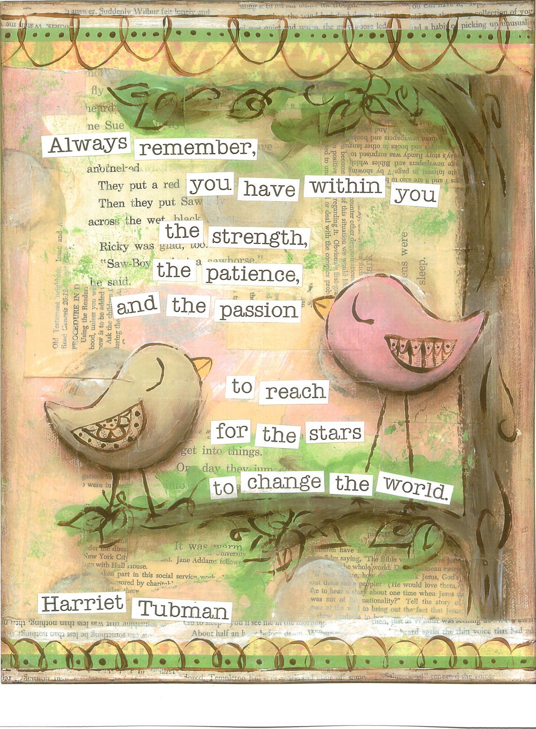 Inspirational Art, Reach for the Stars Birds in pink, Harriet Tubman, 8 x 10 Fine Art Print