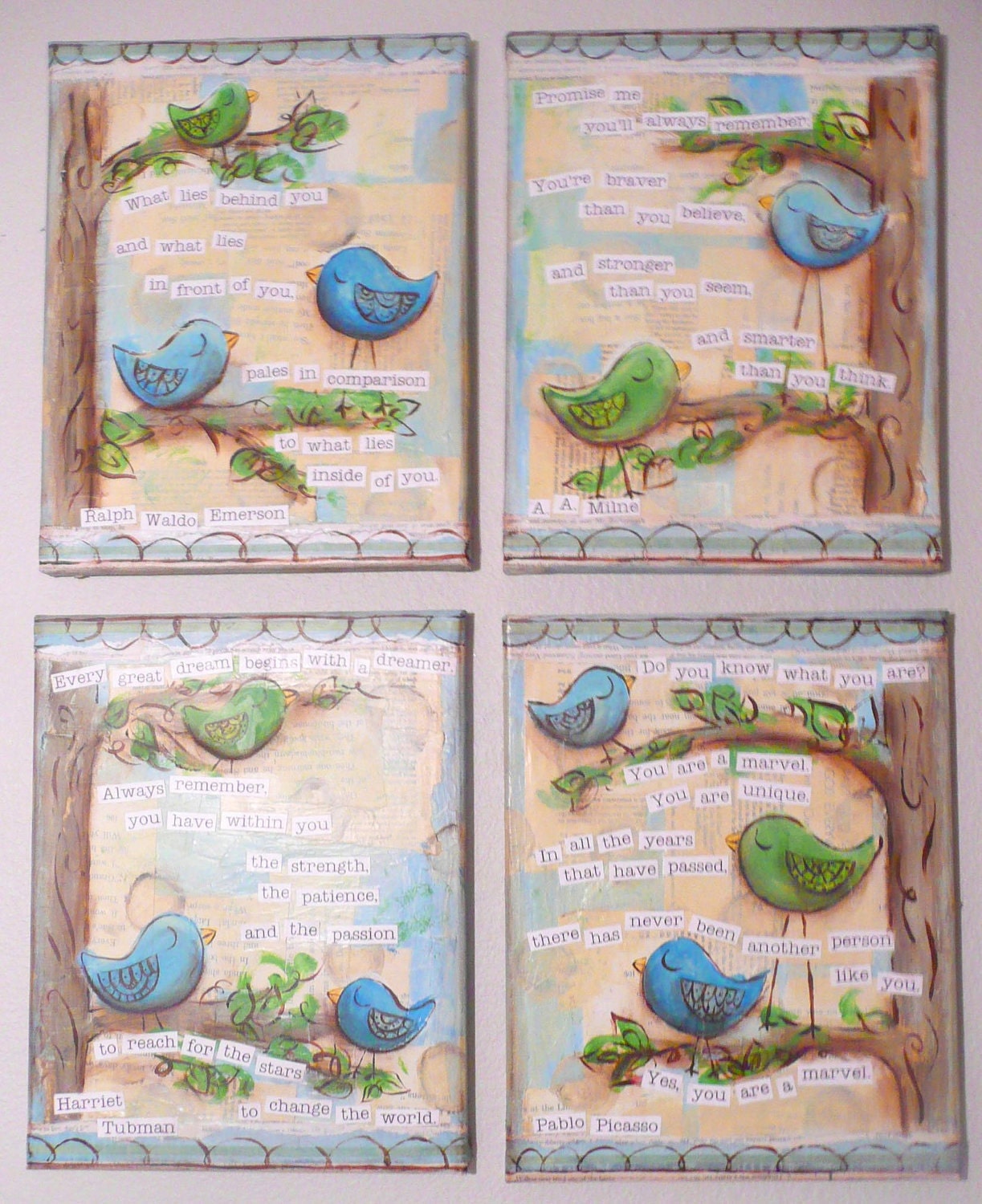 Inspirational Art, Set of 4 Inspirational Birds in blue, 8 x 10 Fine Art Prints