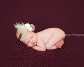 Headband, Baby Flower Headband, Silk Flower Rosette, Pink, White and Grey Puff, Feathers Vintage LUXE