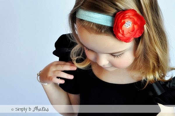 Red Flower Headband - Baby Headband - Single Flower Headband - Tiffany Blue Soft Stretch Ribbon -Crystals: The Julianna