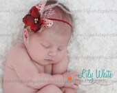 Red Flower Baby Flower Headband, Valentine Headband, Newborn Headband, Dainty Red and Brown Hydrangea