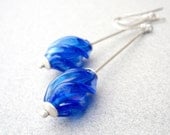 Long Sapphire Blue Drop Dangle Earrings, Sterling Silver Vintage Handmade Glass Beads