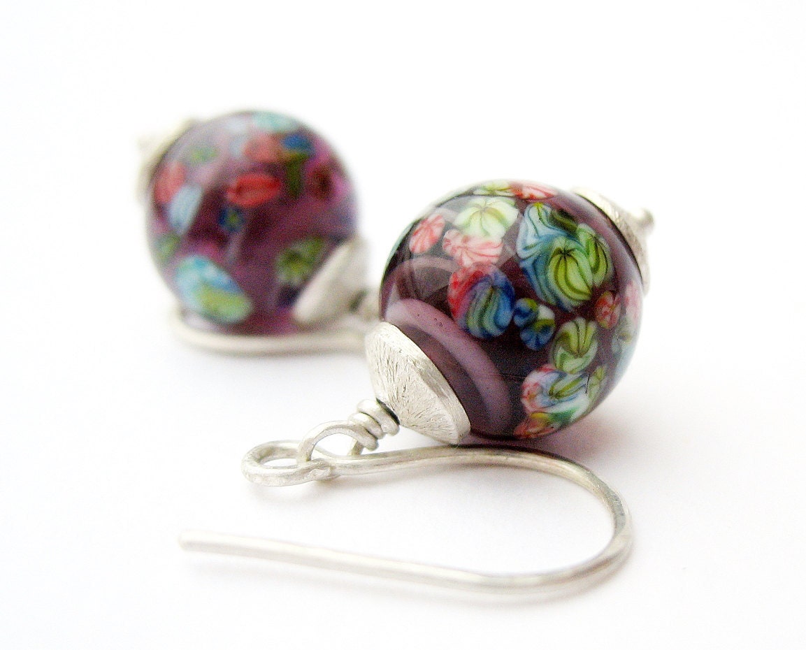 Dangle Earrings Purple Balls Scattered Flowers Sterling Silver Vintage Japanese Millefiori Round Beads