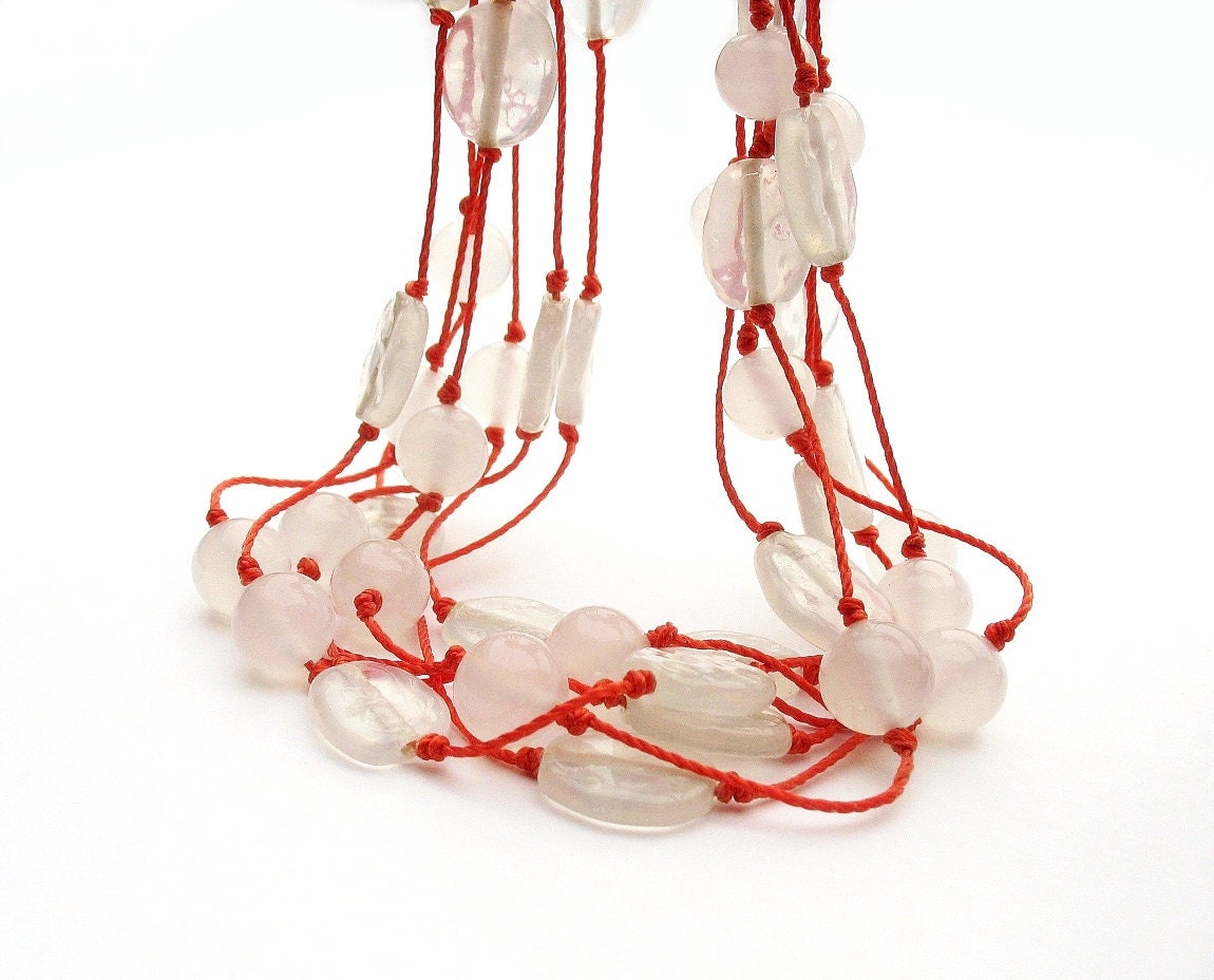 Multi Strand Beaded Necklace on Tangerine Cord, Orange and White Summer Fashion Jewelry