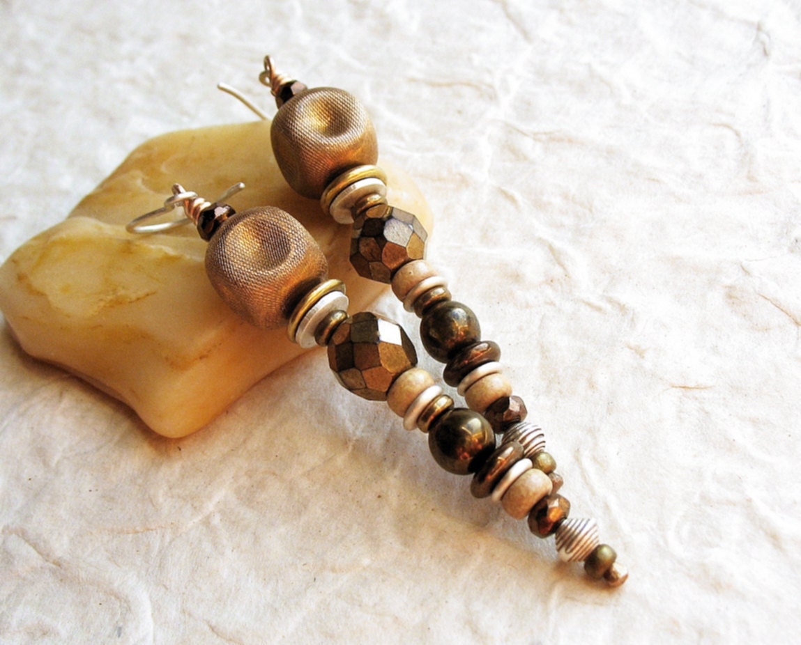 Long Mixed Metals Dangle Earrings, Slender Stacked Needle, Sterling Silver Bronze Copper