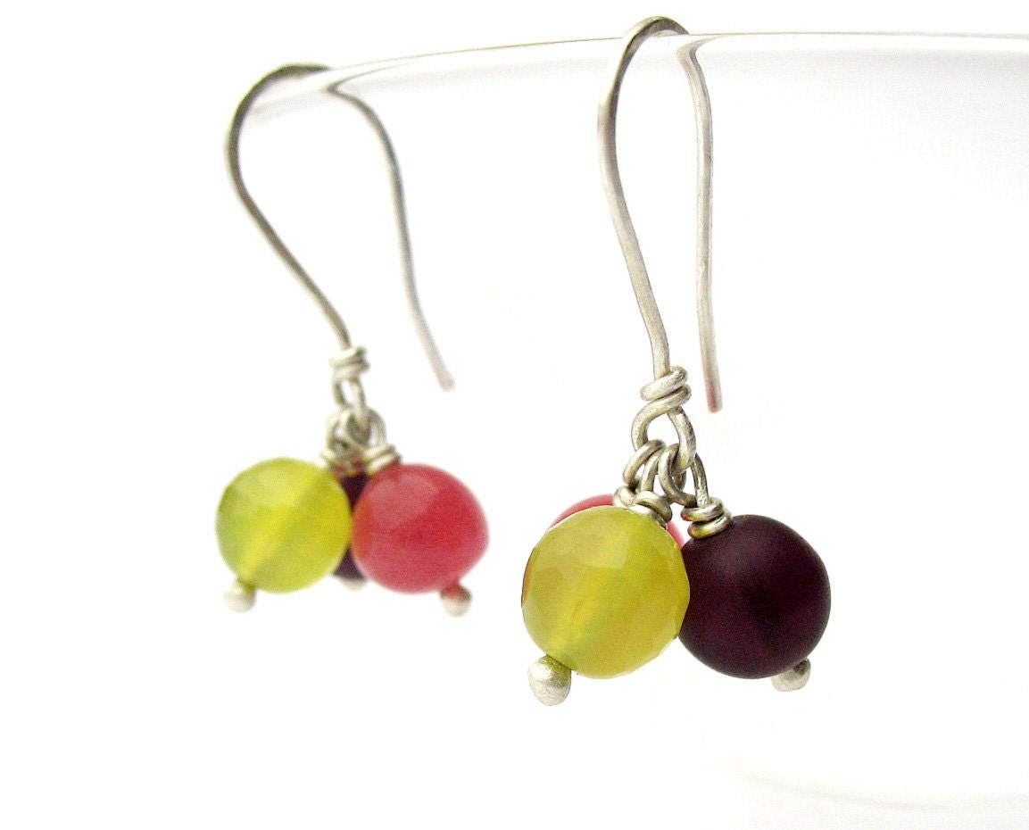Small, Dainty Dangle Earrings - Berries Earrings in Amethyst, Pink, Lime Green, Sterling Silver