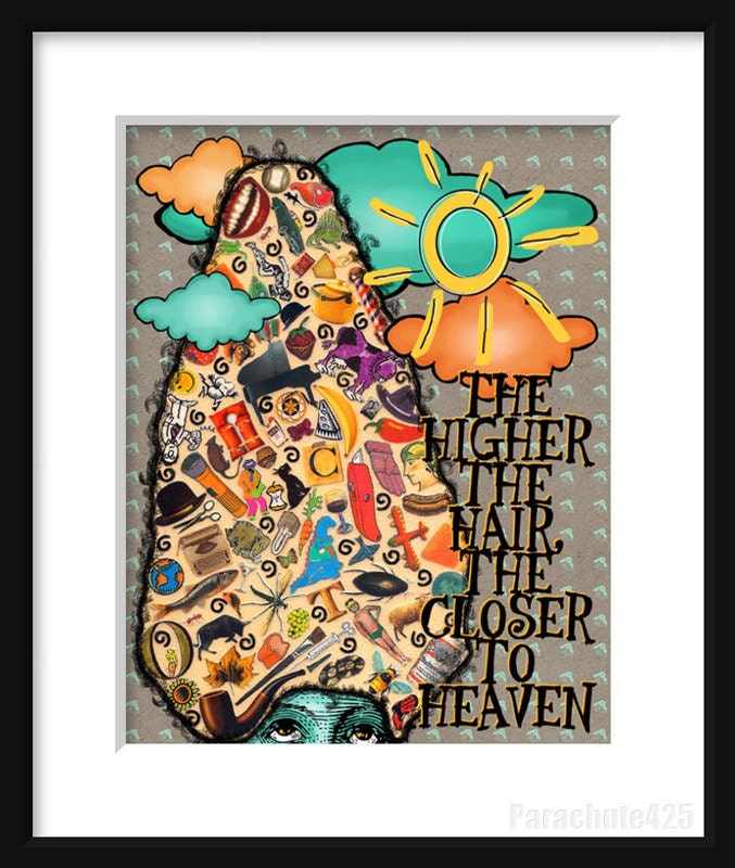The Higher The Hair, 8x10 digital print, beauty shop humor, bright multicolor collage, tangerine turquoise gray