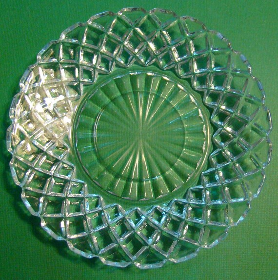 6 Small Dessert Plates Clear Glass in Cross Hatch by LyndasLoft