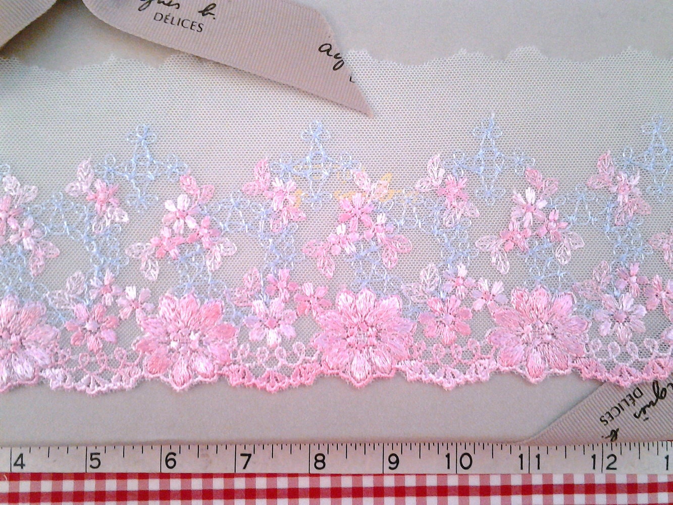 Lace trim, Embroidered fabric, Embroidered tulle lace, Embroidered net fabric, Bridal lace, Lingerie fabric, Doll trim, 1 3/4 yards BL015