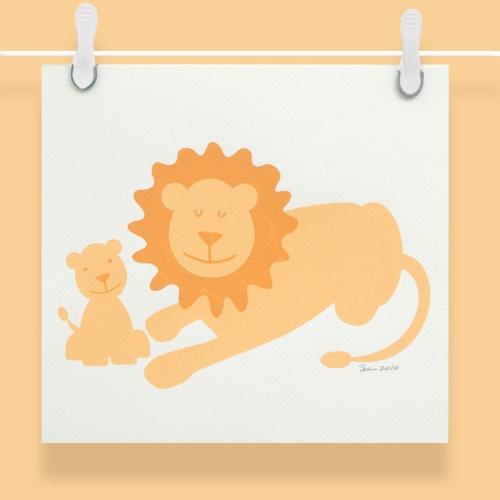 Lion and cub - Hand printed on paper - apricot & orange