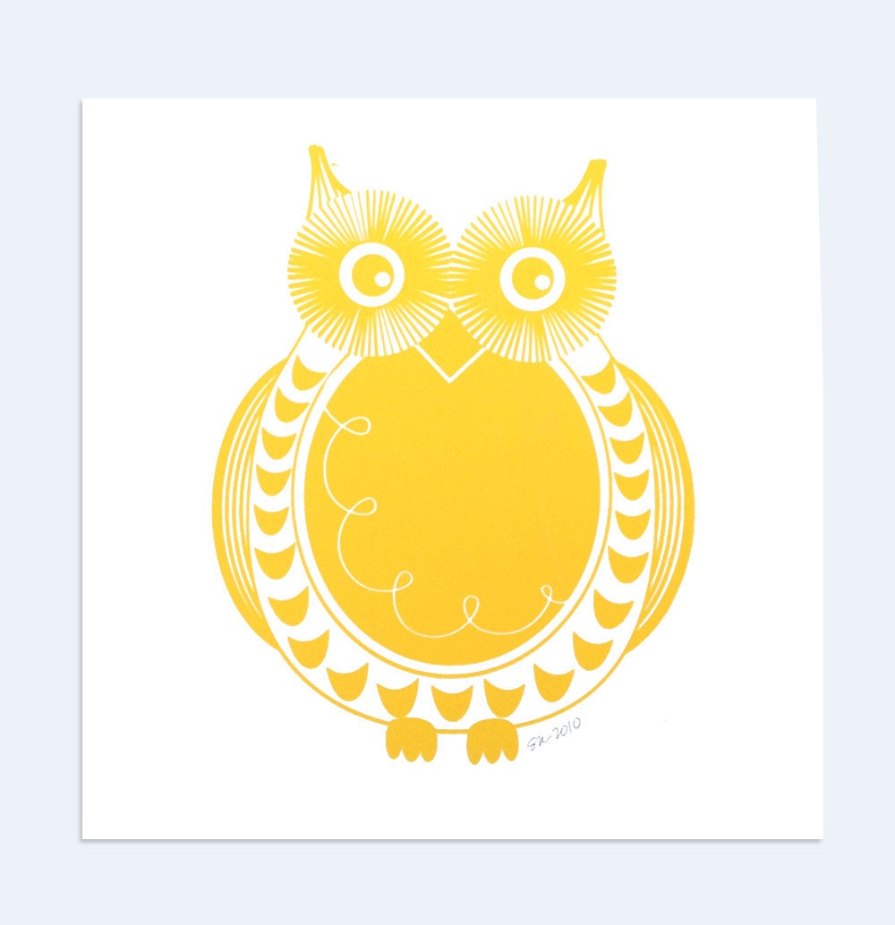 Round Owl - Woodland Nursery Art - Handprinted on Paper - Choose your Own Color